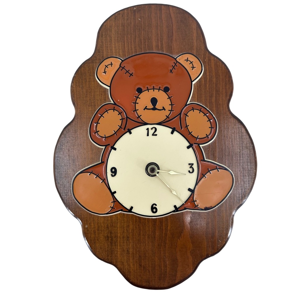 Vintage Images In Wood Teddy Bear Wall Clock Quartz Japan Movement Nursery Decor
